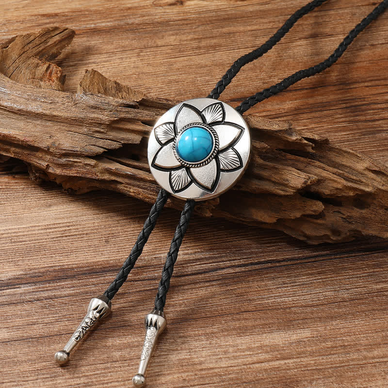 Oval Carved Petal Black Turquoise Stone Bolo Tie - Image 6