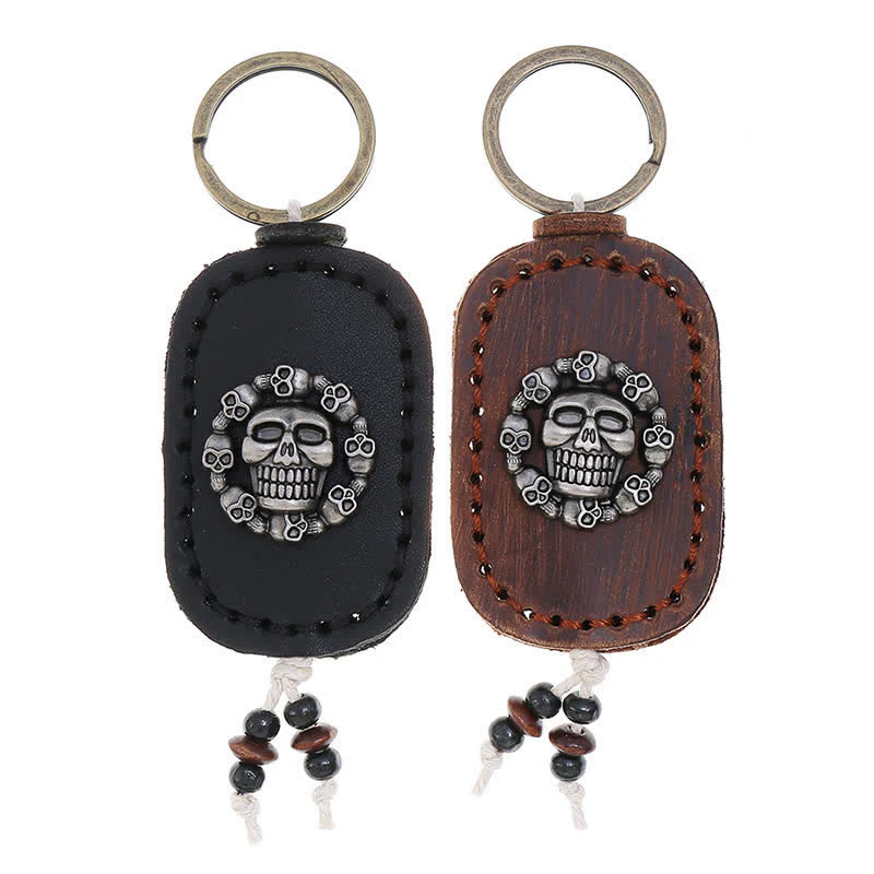 Oval Skull Gothic Style Pendant Leather Keychain - Image 5