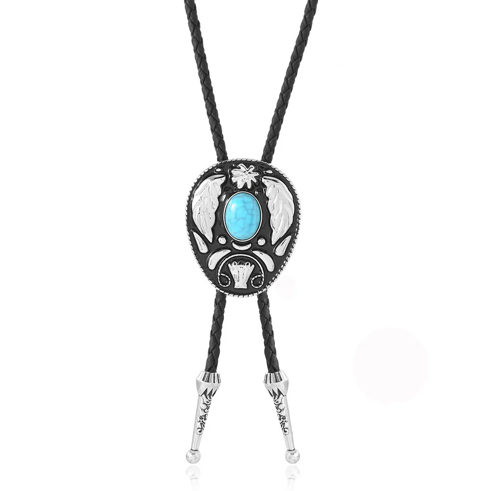 Oval Turquoise Black-and-white Carved Metal Bolo Ties