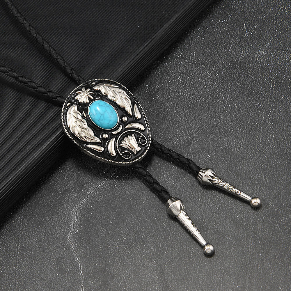 Oval Turquoise Black-and-white Carved Metal Bolo Ties - Image 3