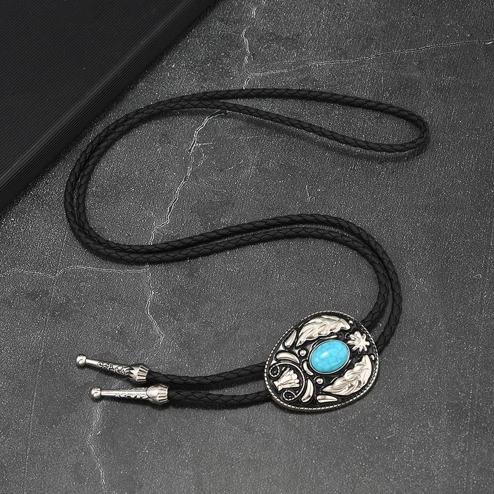 Oval Turquoise Black-and-white Carved Metal Bolo Ties - Image 4
