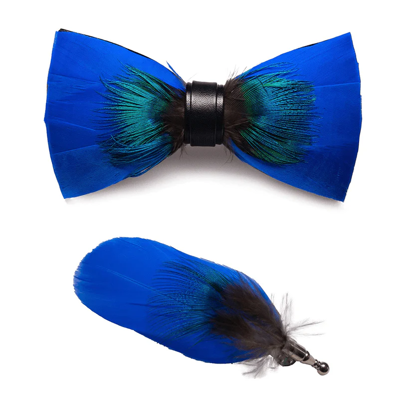 Oxford Blue Peacock Feather Bow Tie with Lapel Pin - Image 4