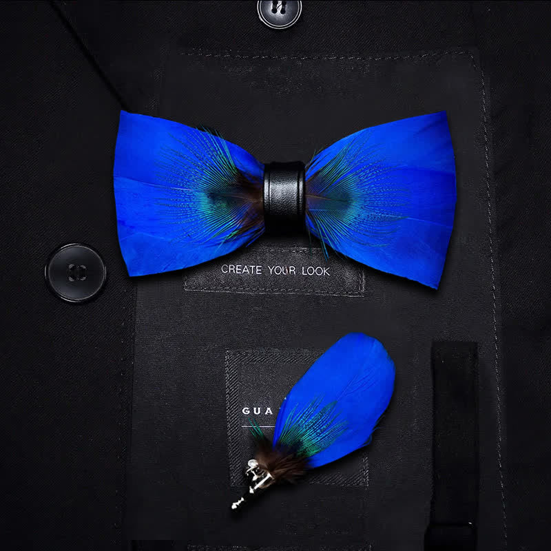 Oxford Blue Peacock Feather Bow Tie with Lapel Pin - Image 6