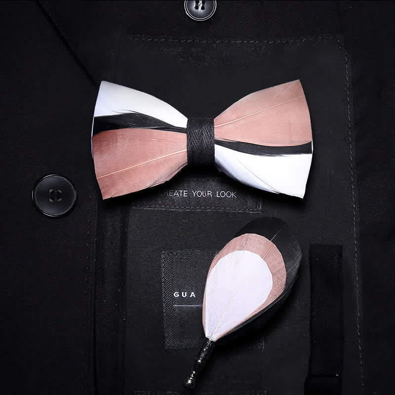 Pale Pink & White Wavy Feather Bow Tie with Lapel Pin - Image 4