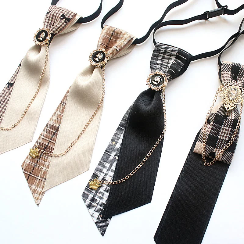 Patchwork Plaid and Solid Fabric Chain Decor Adjustable Necktie