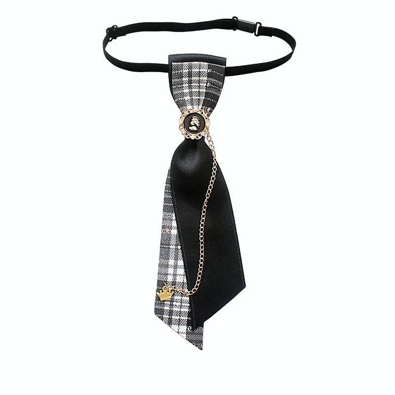 Patchwork Plaid and Solid Fabric Chain Decor Adjustable Necktie - Image 2