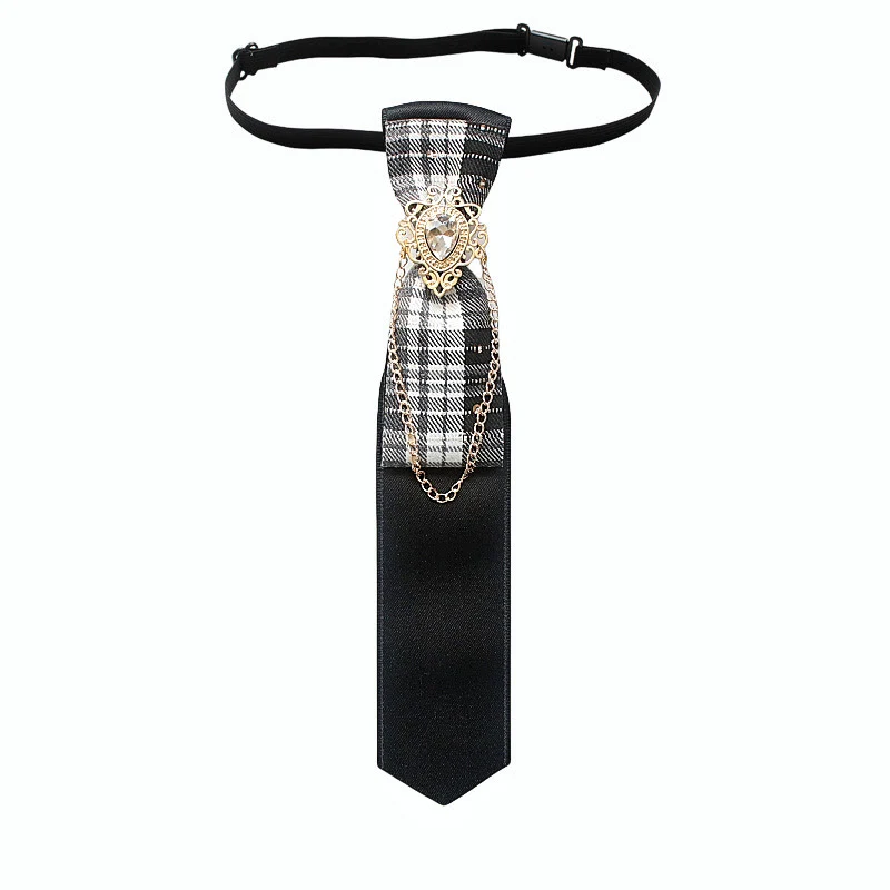 Patchwork Plaid and Solid Fabric Chain Decor Adjustable Necktie - Image 9