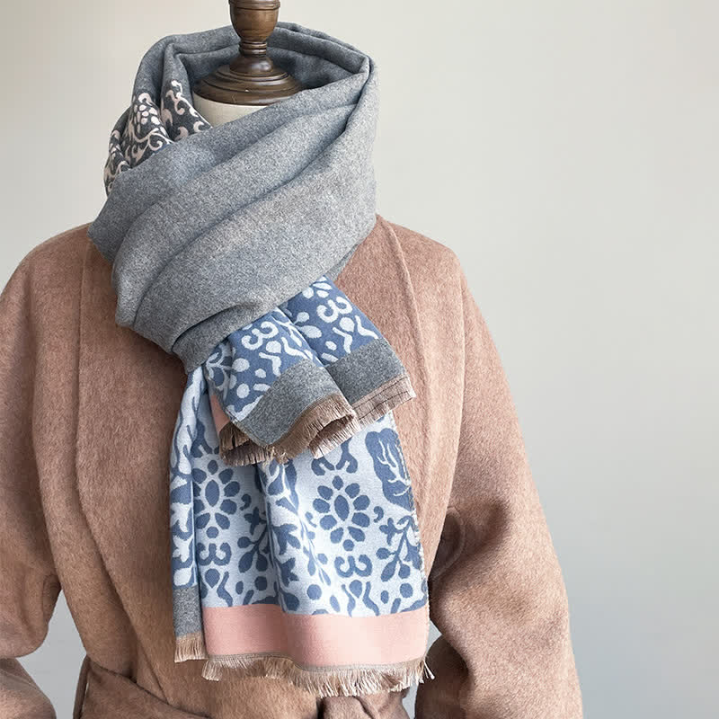Patchwork-Style Flower Leaves Pattern Warm Scarf - Image 2