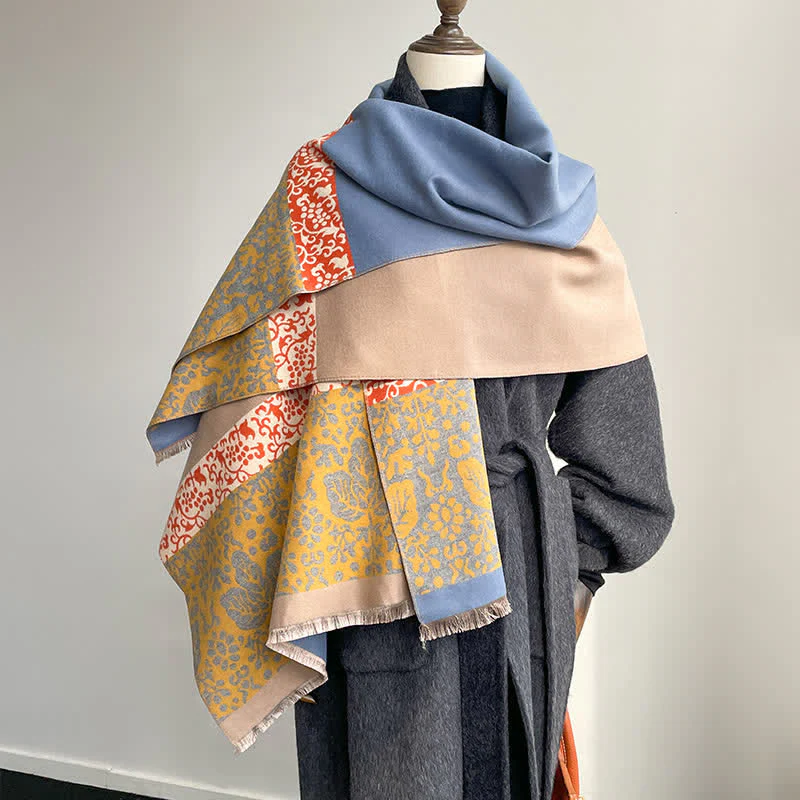 Patchwork-Style Flower Leaves Pattern Warm Scarf - Image 5