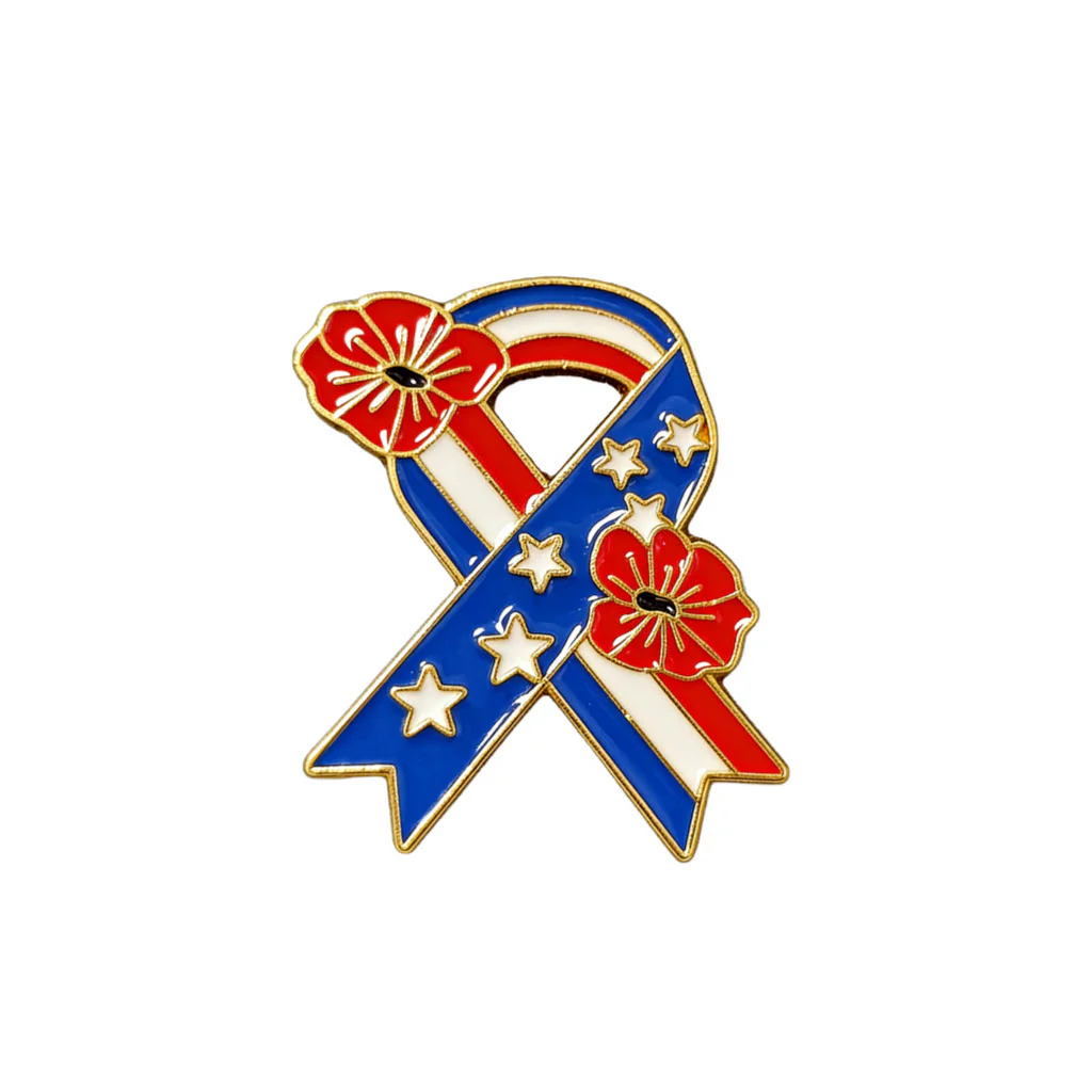 Patriotic Ribbon American Flag Poppy Enamel Brooch