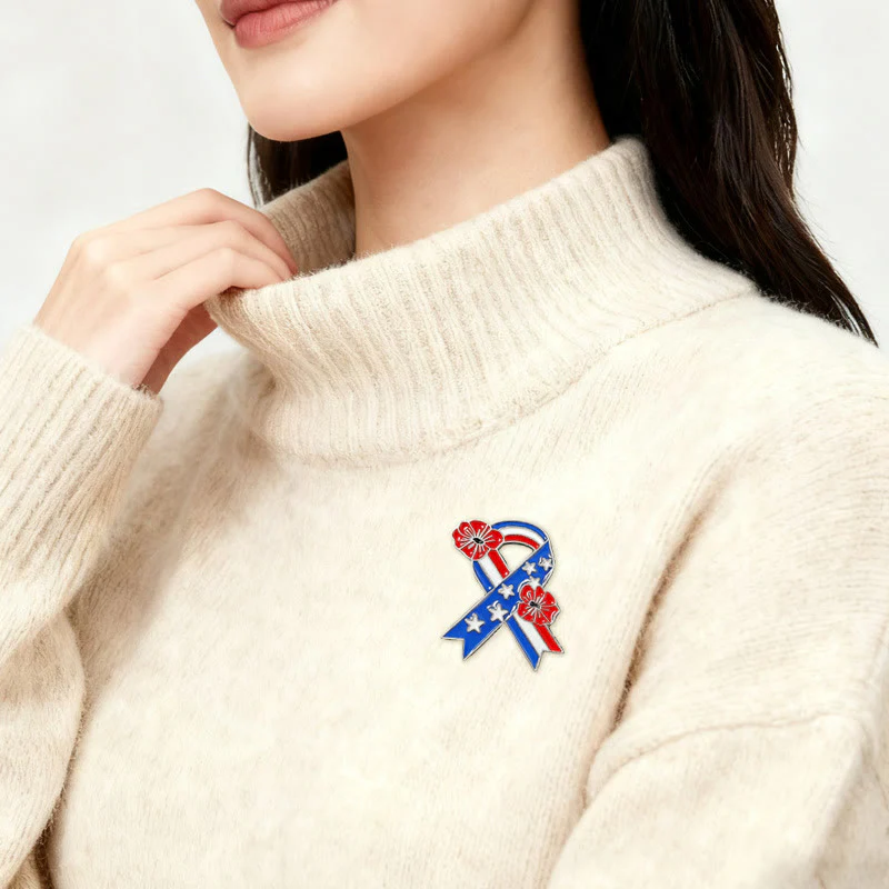 Patriotic Ribbon American Flag Poppy Enamel Brooch - Image 2