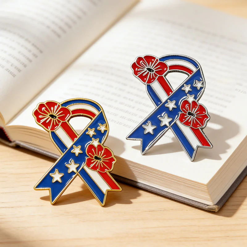 Patriotic Ribbon American Flag Poppy Enamel Brooch - Image 5