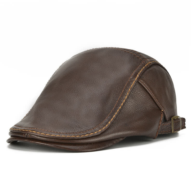 Peaked Cabbie Flat Cap Genuine Leather Beret Hat - Image 12