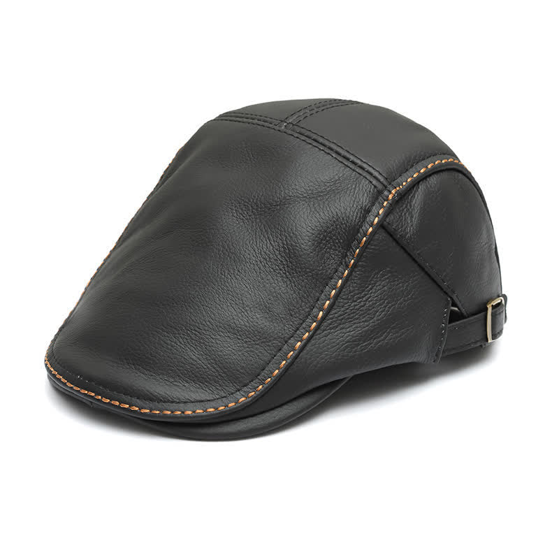 Peaked Cabbie Flat Cap Genuine Leather Beret Hat - Image 13