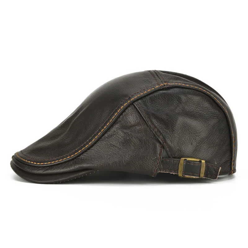 Peaked Cabbie Flat Cap Genuine Leather Beret Hat - Image 4
