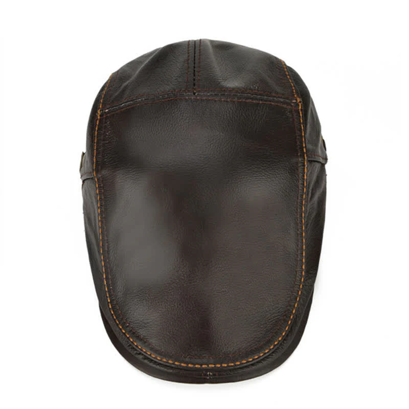 Peaked Cabbie Flat Cap Genuine Leather Beret Hat - Image 6