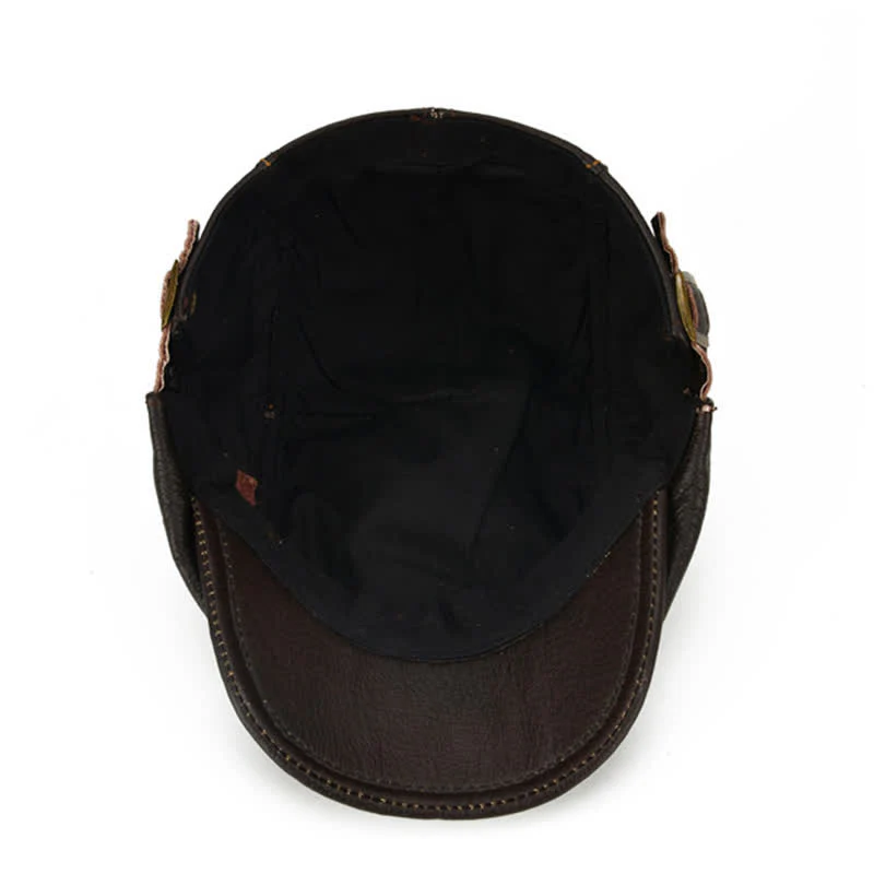 Peaked Cabbie Flat Cap Genuine Leather Beret Hat - Image 7