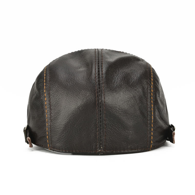 Peaked Cabbie Flat Cap Genuine Leather Beret Hat - Image 8