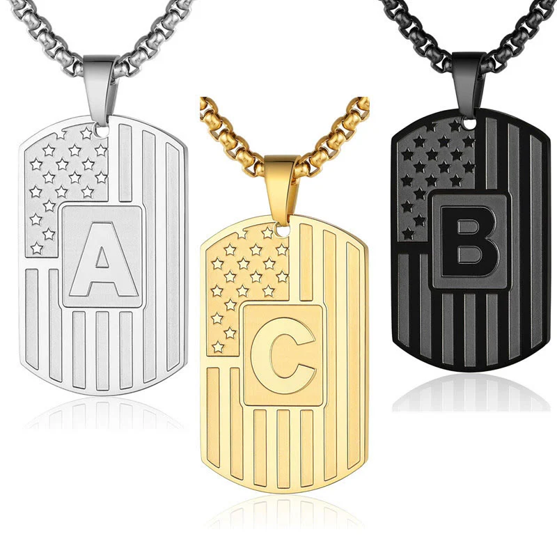 Personalized American Flag Letter Dog Tag Necklace