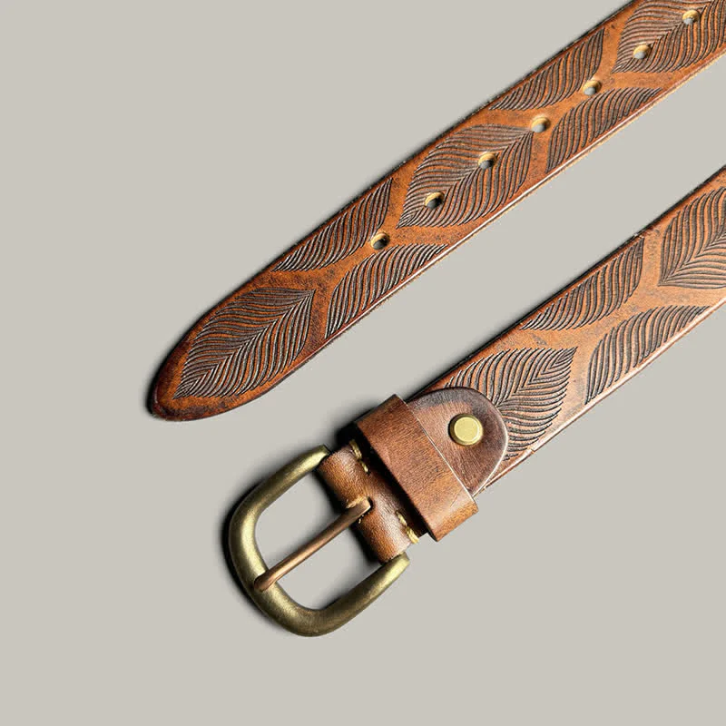Personalized Distressed Plant Leaves Embossed Leather Belt - Image 4