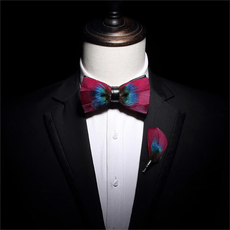 Pink & Blue Gentle Feather Bow Tie with Lapel Pin - Image 3