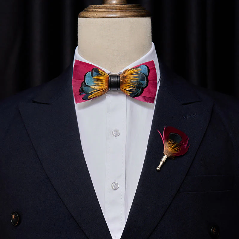 Pink & Orange Symmetrical Feather Bow Tie with Lapel Pin - Image 2