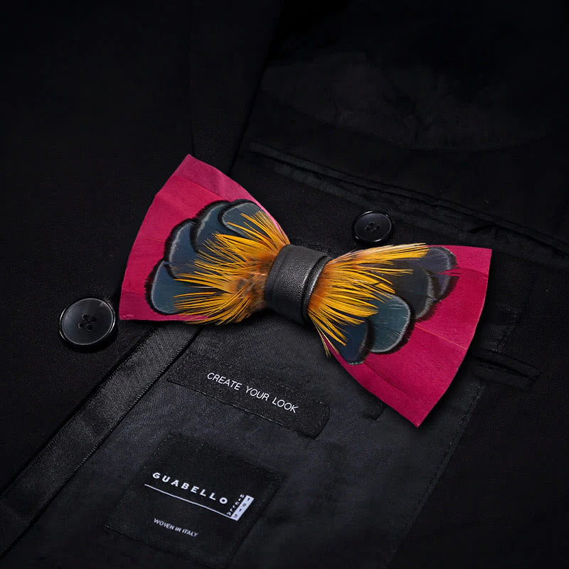 Pink & Orange Symmetrical Feather Bow Tie with Lapel Pin - Image 3