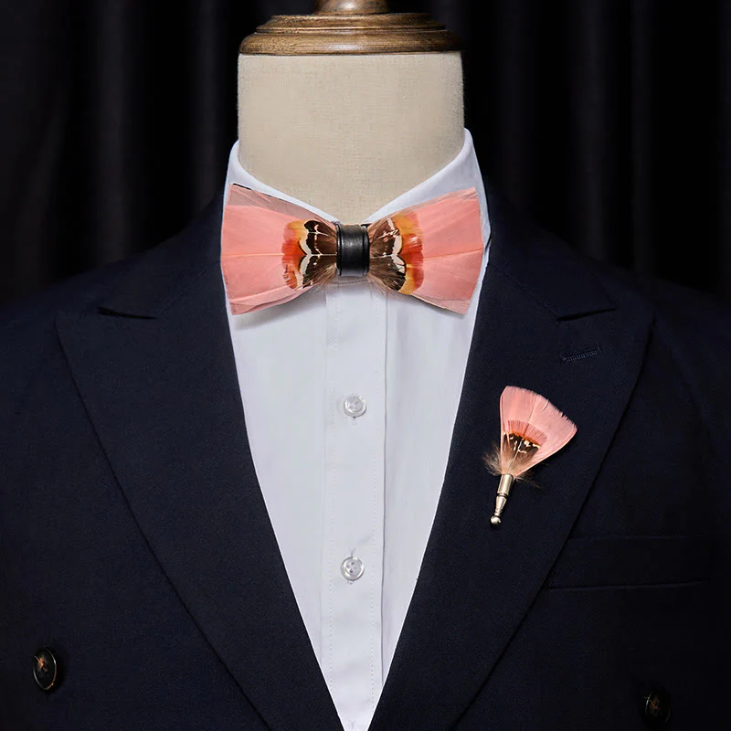 Pop Pink Feather Bow Tie with Lapel Pin - Image 2