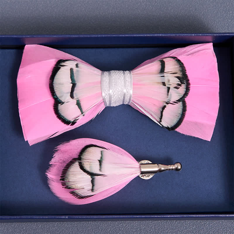 Powerfully Pink Feather Bow Tie with Lapel Pin - Image 4