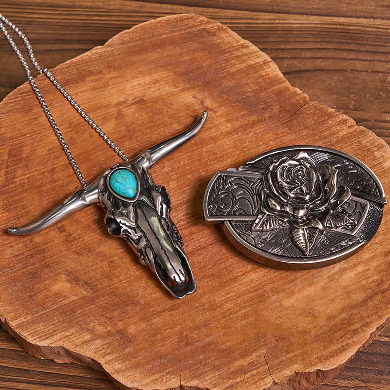 Practical DIY Hidden Knife Buckle Turquoise Longhorn Bull Pendant Bundle Set - Image 17