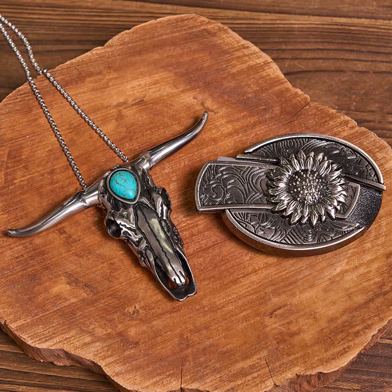 Practical DIY Hidden Knife Buckle Turquoise Longhorn Bull Pendant Bundle Set - Image 2