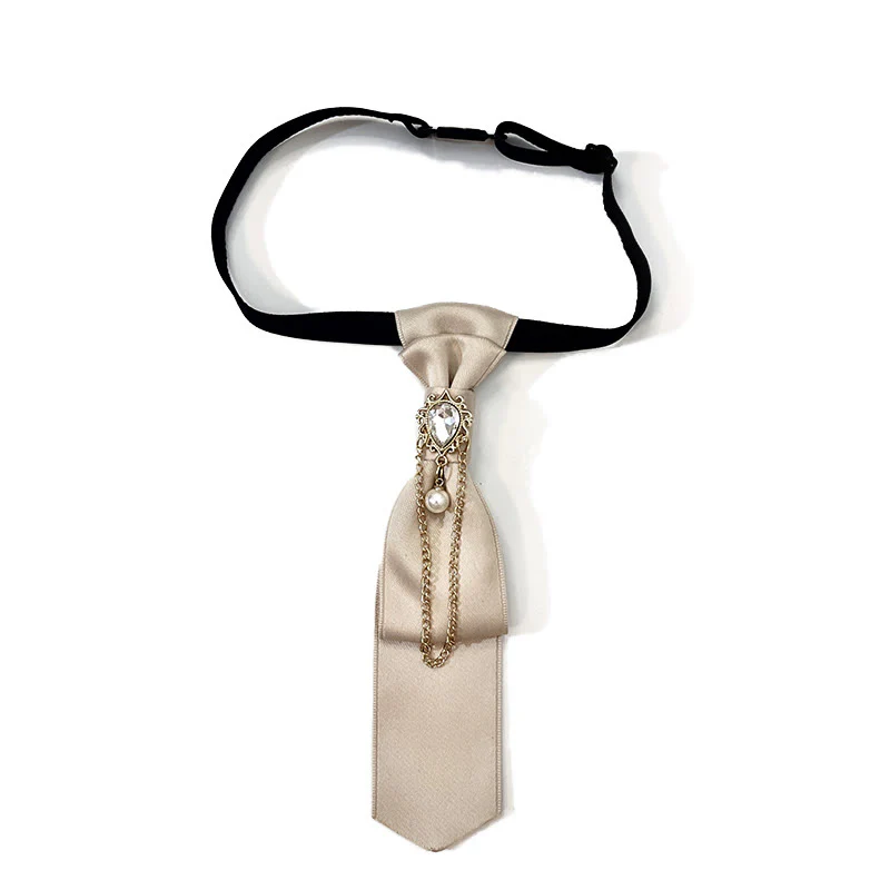 Pre-tied Khaki White Diamond Pearl Fashionable Short Necktie
