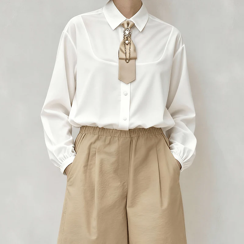 Pre-tied Khaki White Diamond Pearl Fashionable Short Necktie - Image 2
