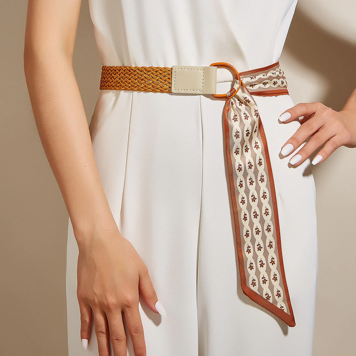 Printed Woven Double Loop Buckle Women's Silk Belt