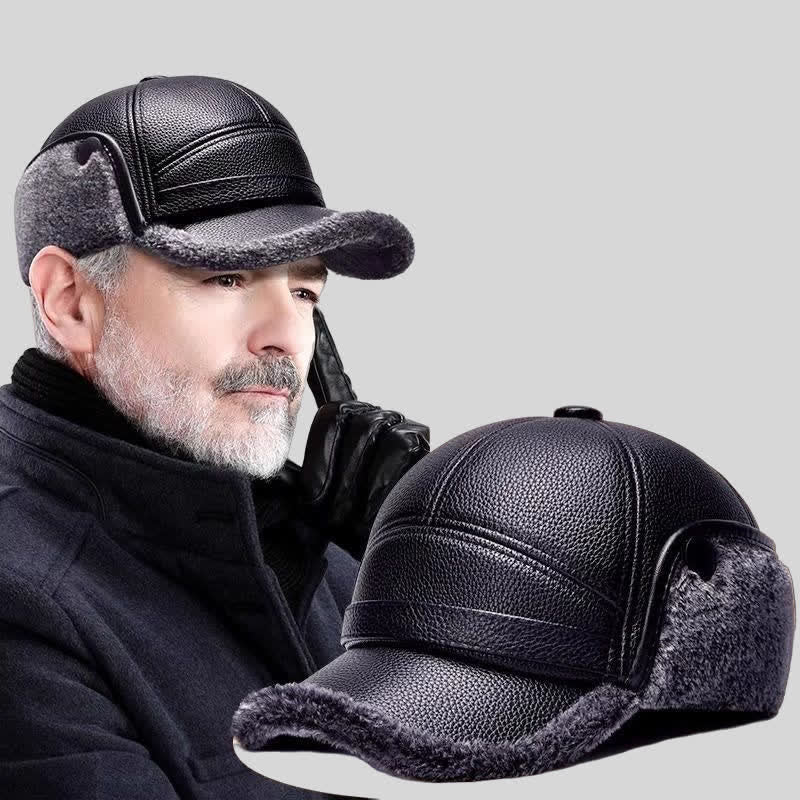 PU Leather Fleece Earflaps Baseball Hat - Image 3