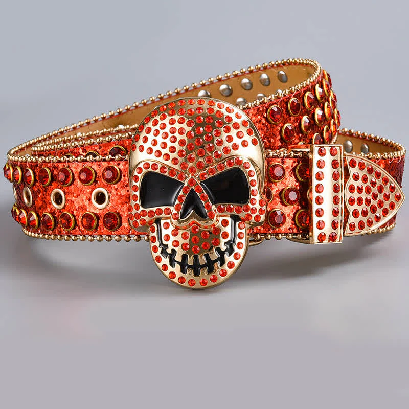 Punk Death Ghost Rhinestone Beaded Leather Belt - Image 12