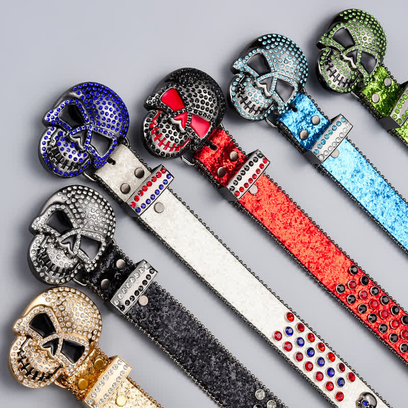 Punk Death Ghost Rhinestone Beaded Leather Belt - Image 2