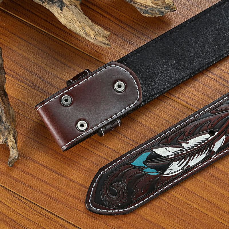 Punk Feather Embossed DIY Leather Belt Strap without Belt Buckle - Image 4