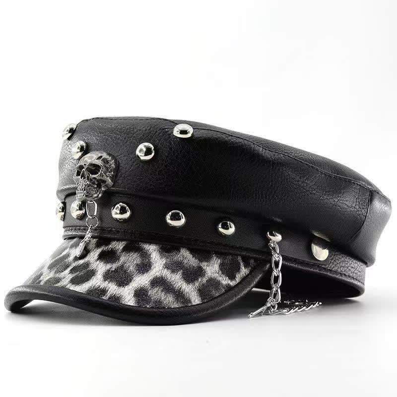 Punk-Inspired Skull Leopard Print Brim Leather Beret Hat