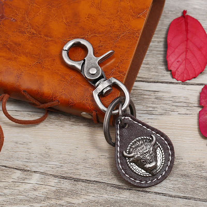 Punk Rock Bull Head Stitched Leather Keychain - Image 4