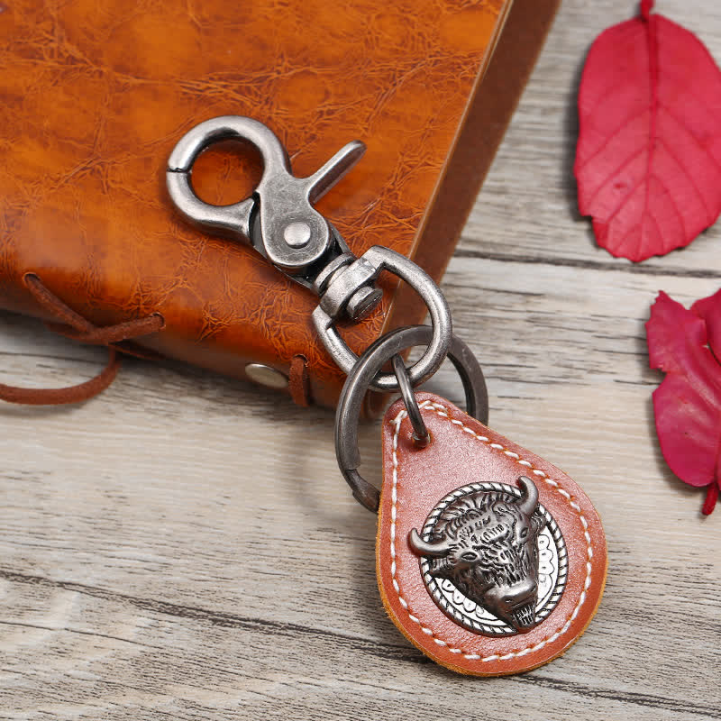 Punk Rock Bull Head Stitched Leather Keychain - Image 5