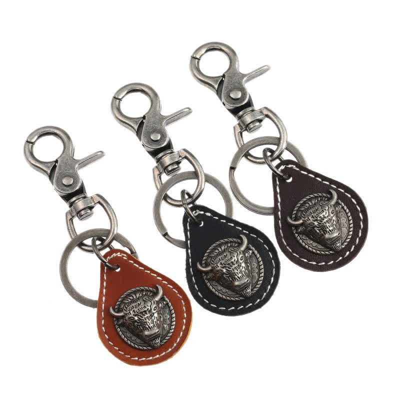 Punk Rock Bull Head Stitched Leather Keychain - Image 6