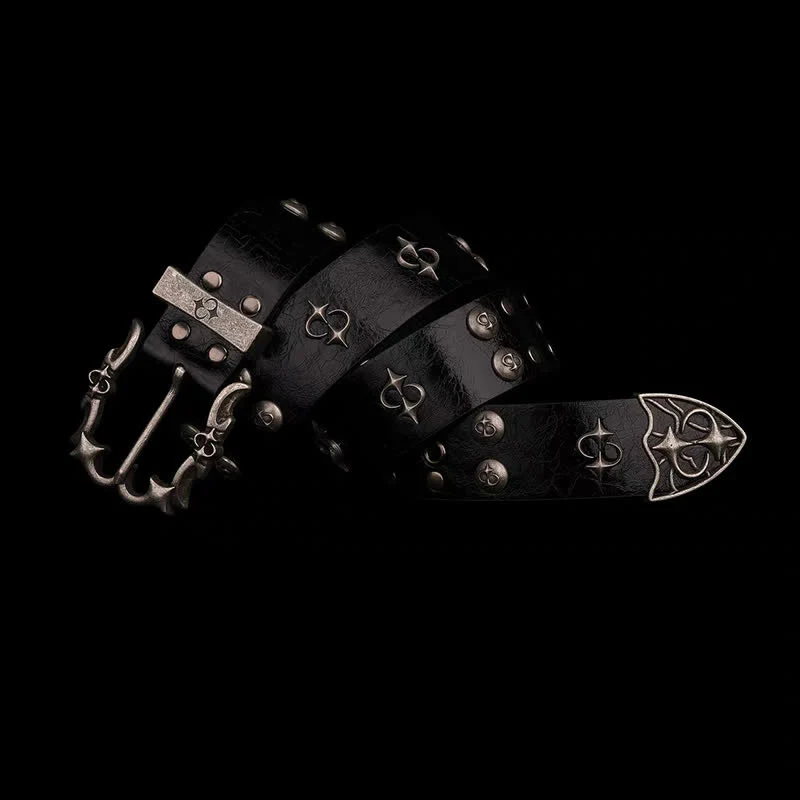 Punk Silver Rivets Design Motorcycle Black Leather Belt - Image 2