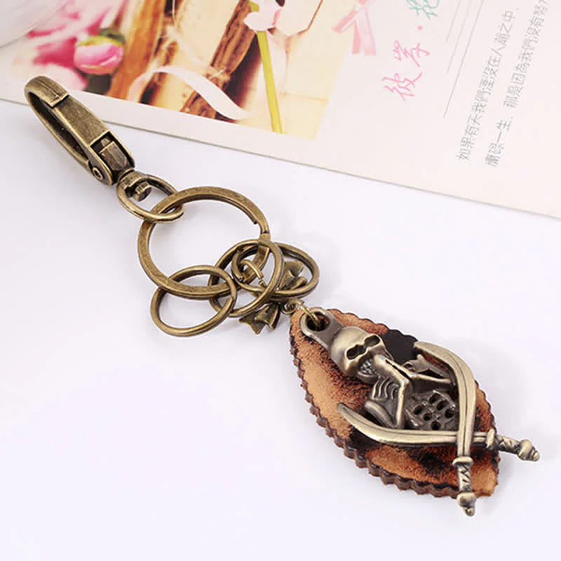 Punk Skeleton Bronze Plated Leather Keychain - Image 5