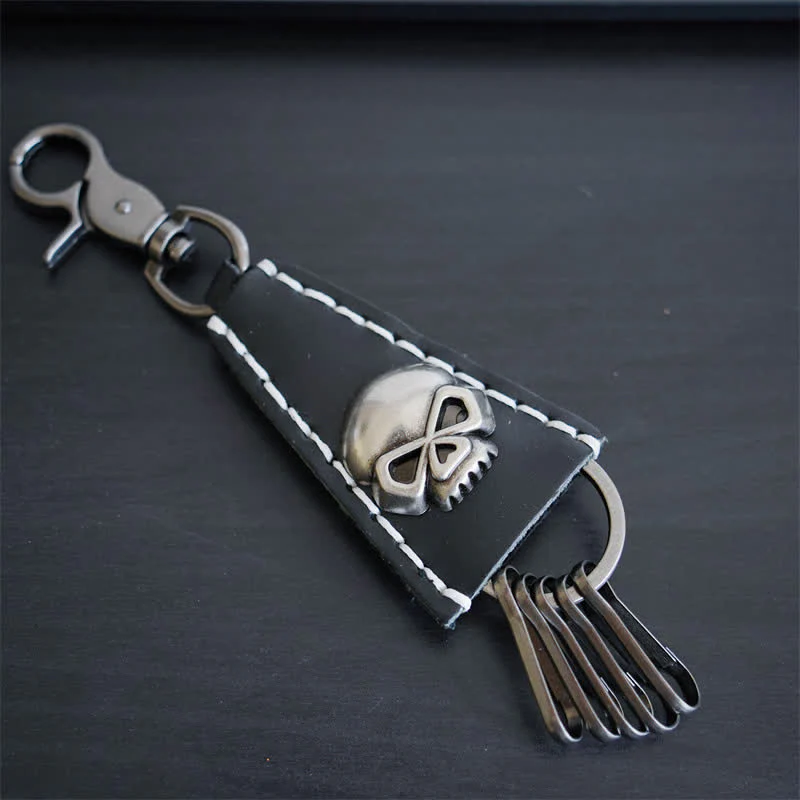 Punk Skull Head Handmade Leather Keychain - Image 3