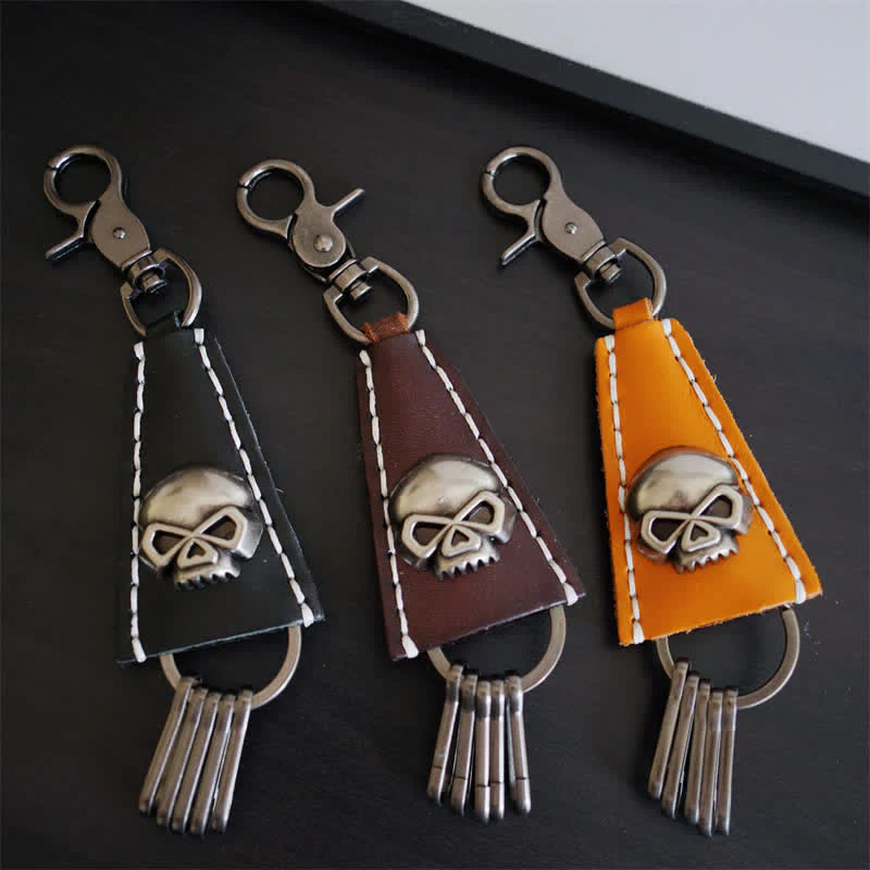 Punk Skull Head Handmade Leather Keychain - Image 4