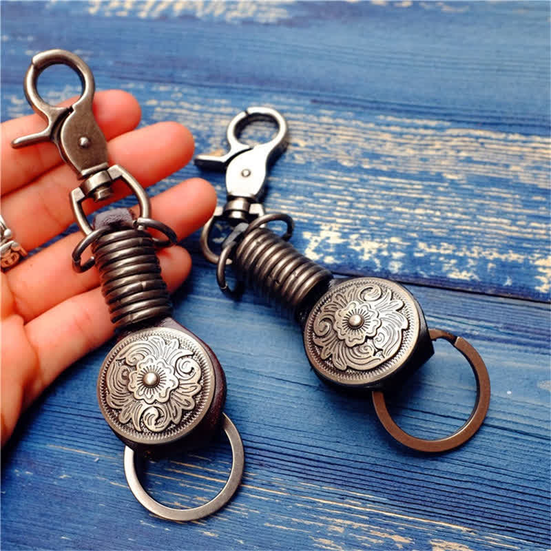 Punk Style Carved Flower Leather Keychain - Image 2