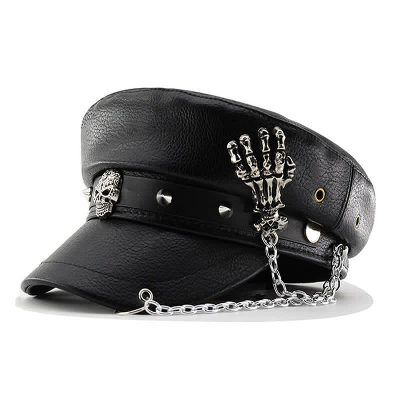 Punk Style Skull & Skeleton Hand Chain Leather Beret Hat