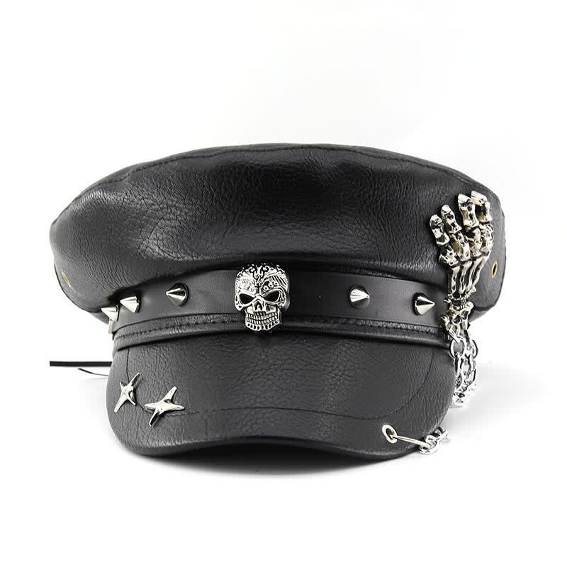 Punk Style Skull & Skeleton Hand Chain Leather Beret Hat - Image 2