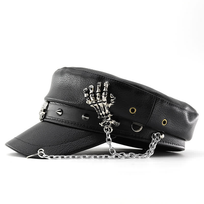 Punk Style Skull & Skeleton Hand Chain Leather Beret Hat - Image 3